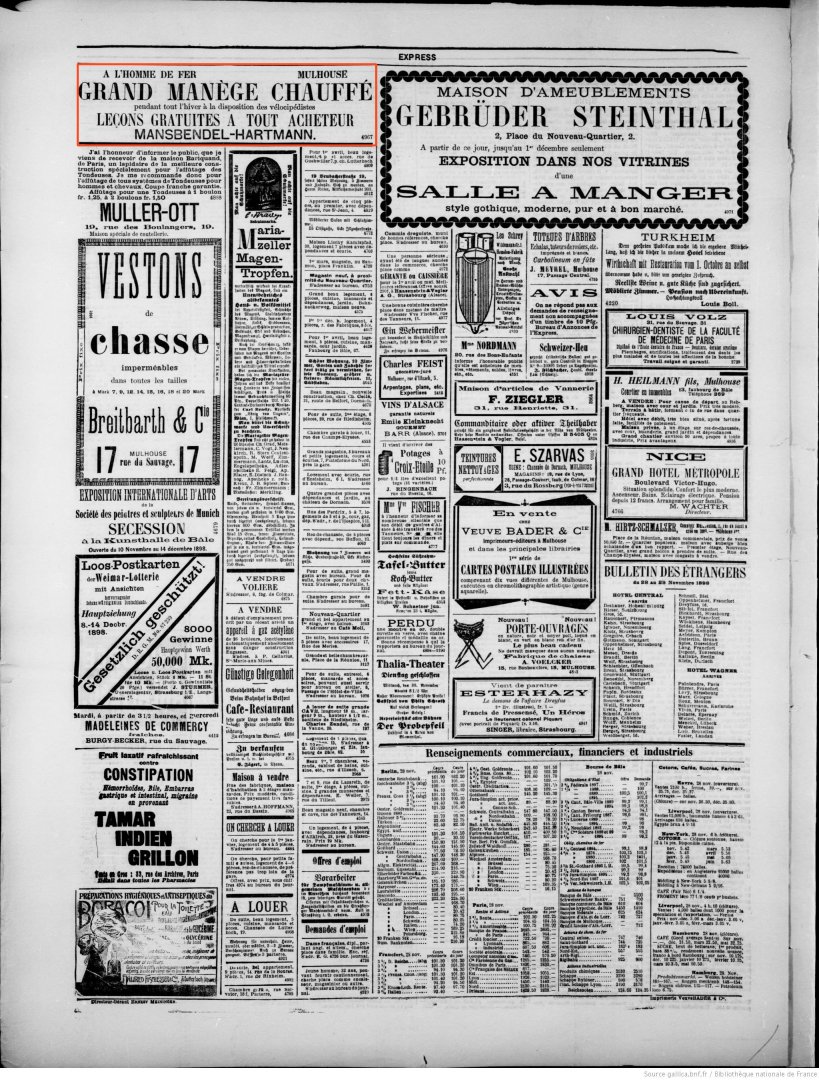 Journal L'Express de Mulhouse du 29 novembre 1898 (p.4) : grand manège chauffé pendant tout l'hiver à la disposition des vélocipédistes.